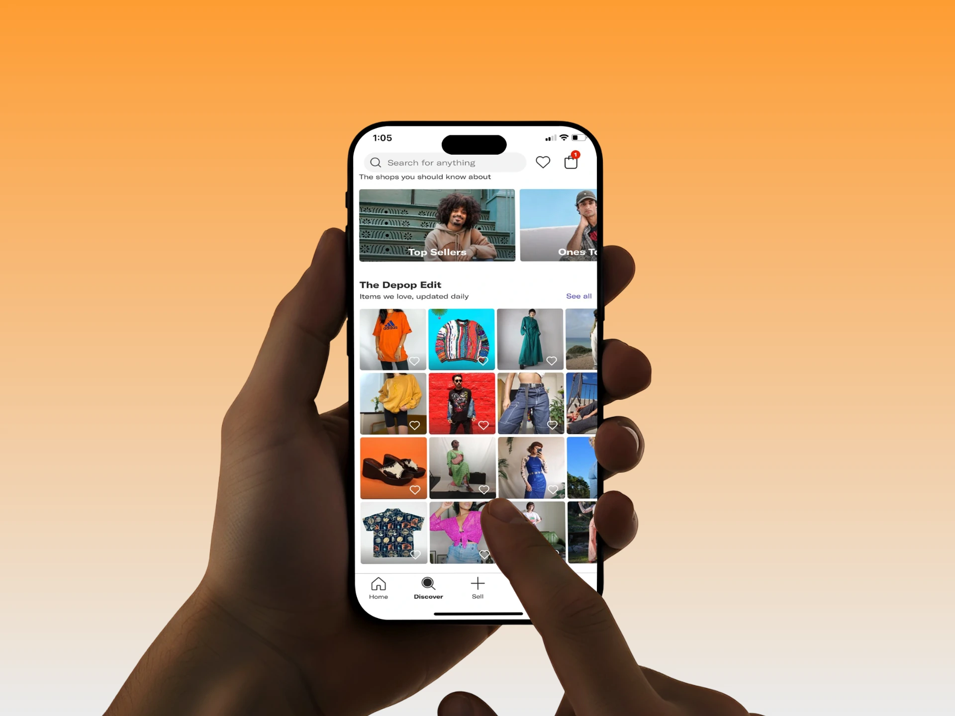 Hand holding a phone with a finger about to tap on a clothing shopping app on the screen